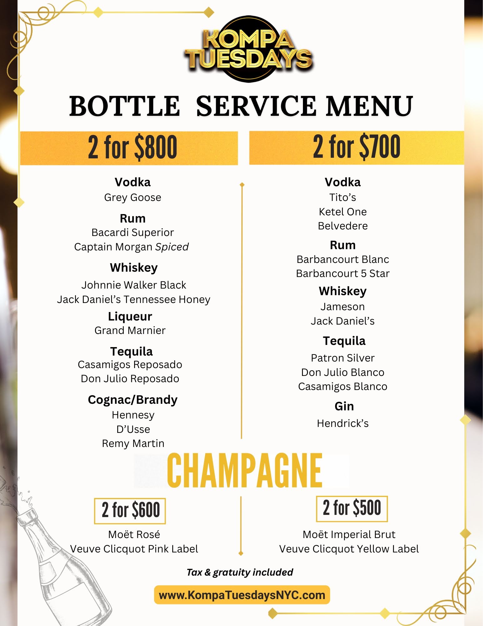 Bottle Service Menu